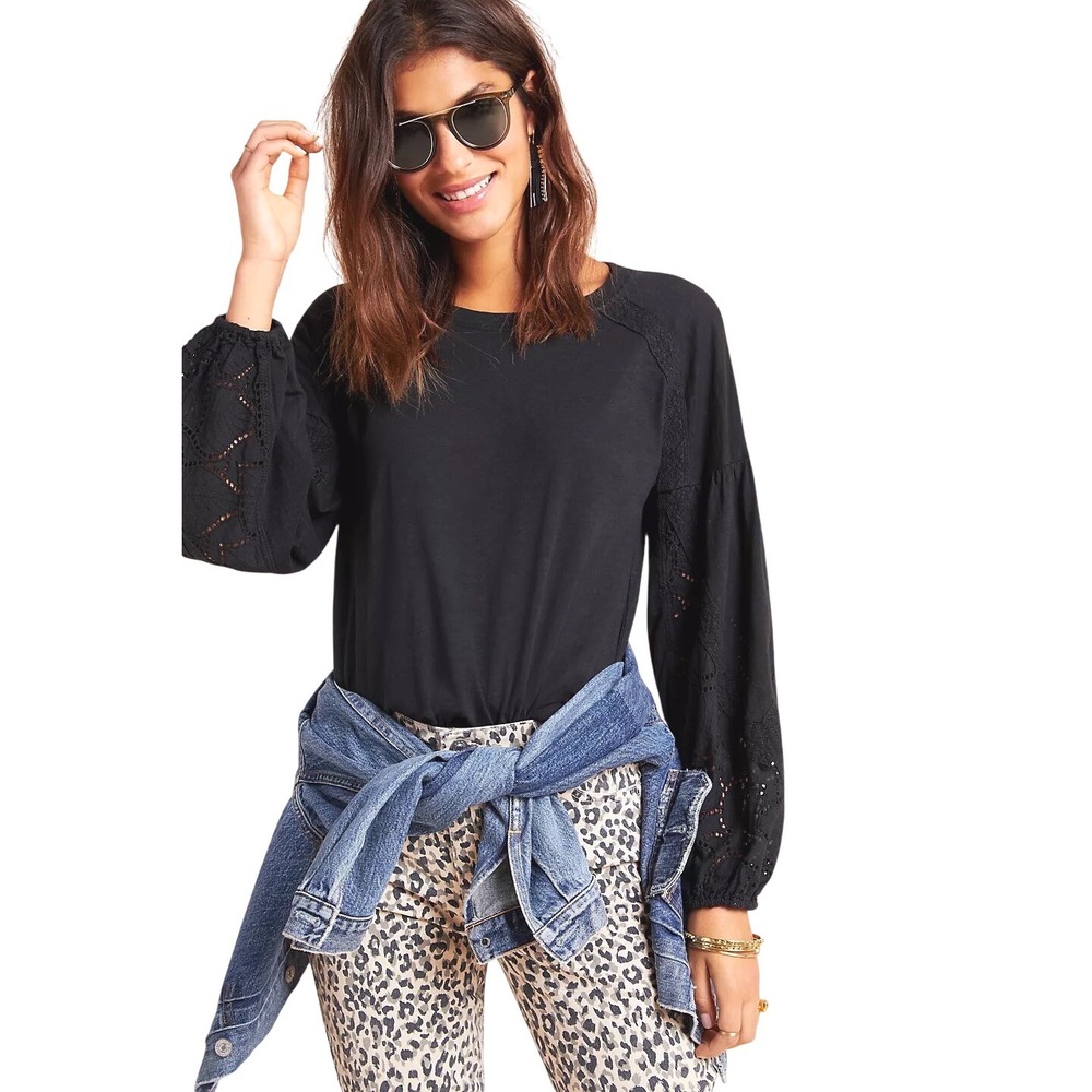 Anthropologie Eri + Ali Shiloh Balloon-Sleeved Top Boho Black Cotton Lace Size M